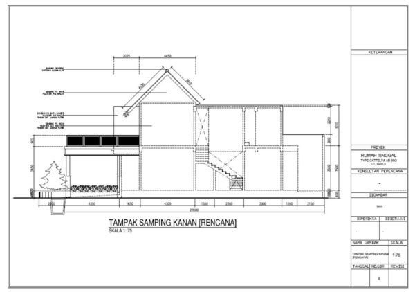 gambar kerja tampak samping rumah 2 lantai