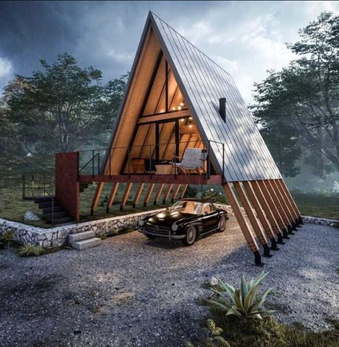 desain rumah kayu minimalis atap kerucut